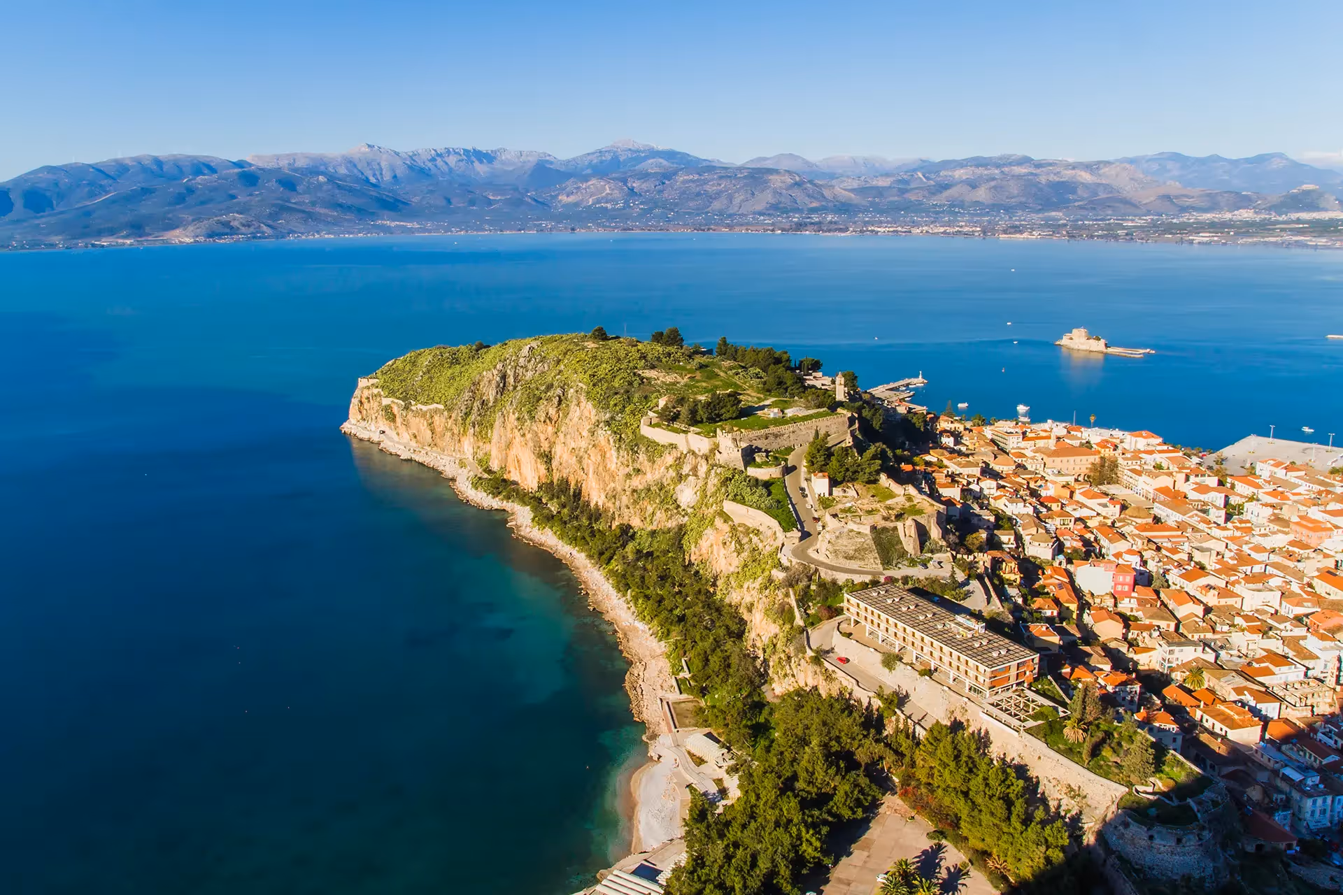Nafplio seaside town and Palamidi Fortress from above